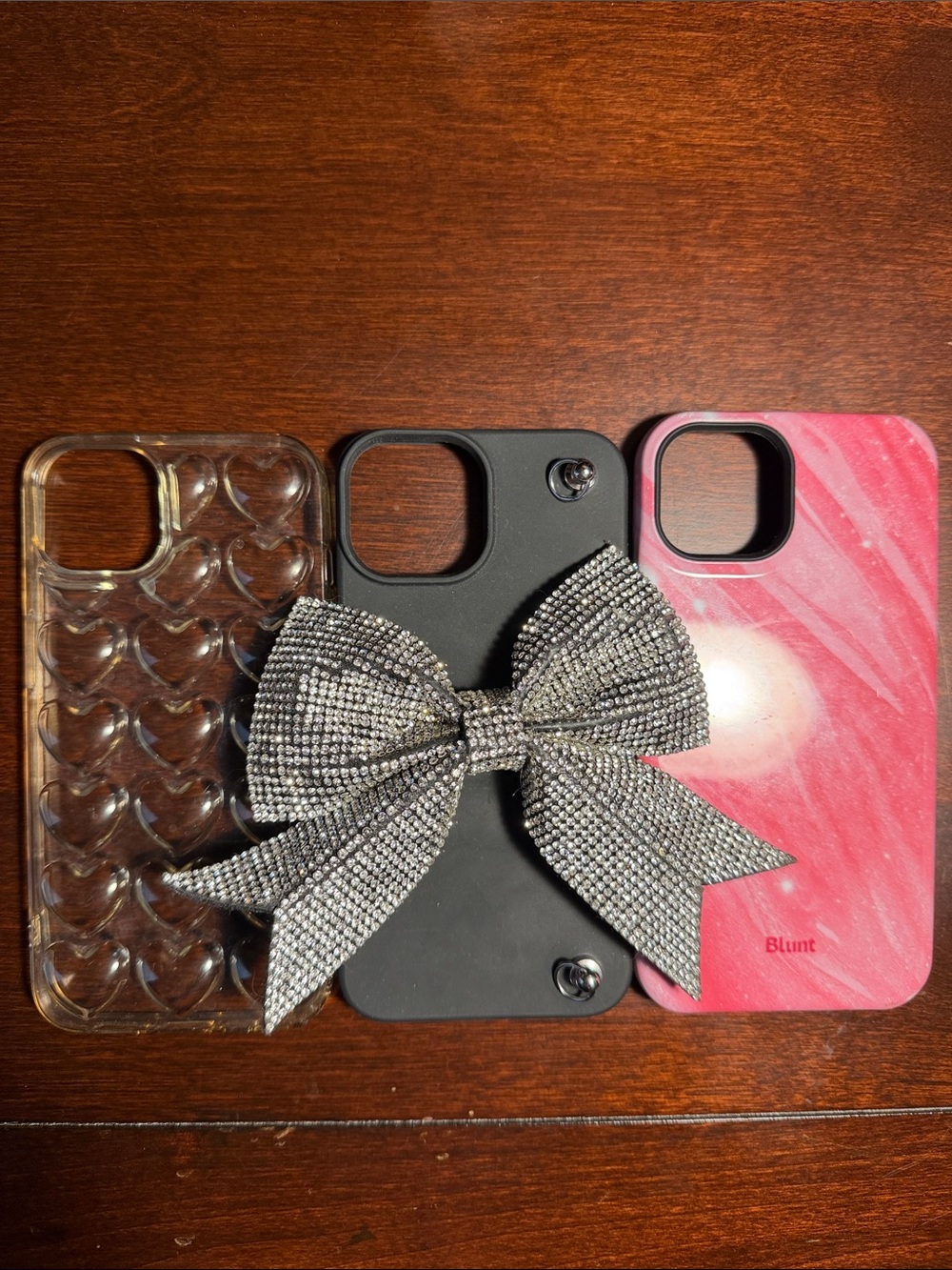 iPhone 14 Case Bundle - Clear, Black with Rhinestone Bow, and Pink Marble Cases